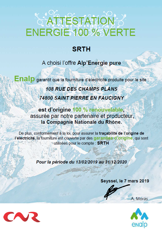 Attestation énergie verte SRTH, Solutions et Réalisations Techniques Hydrauliques